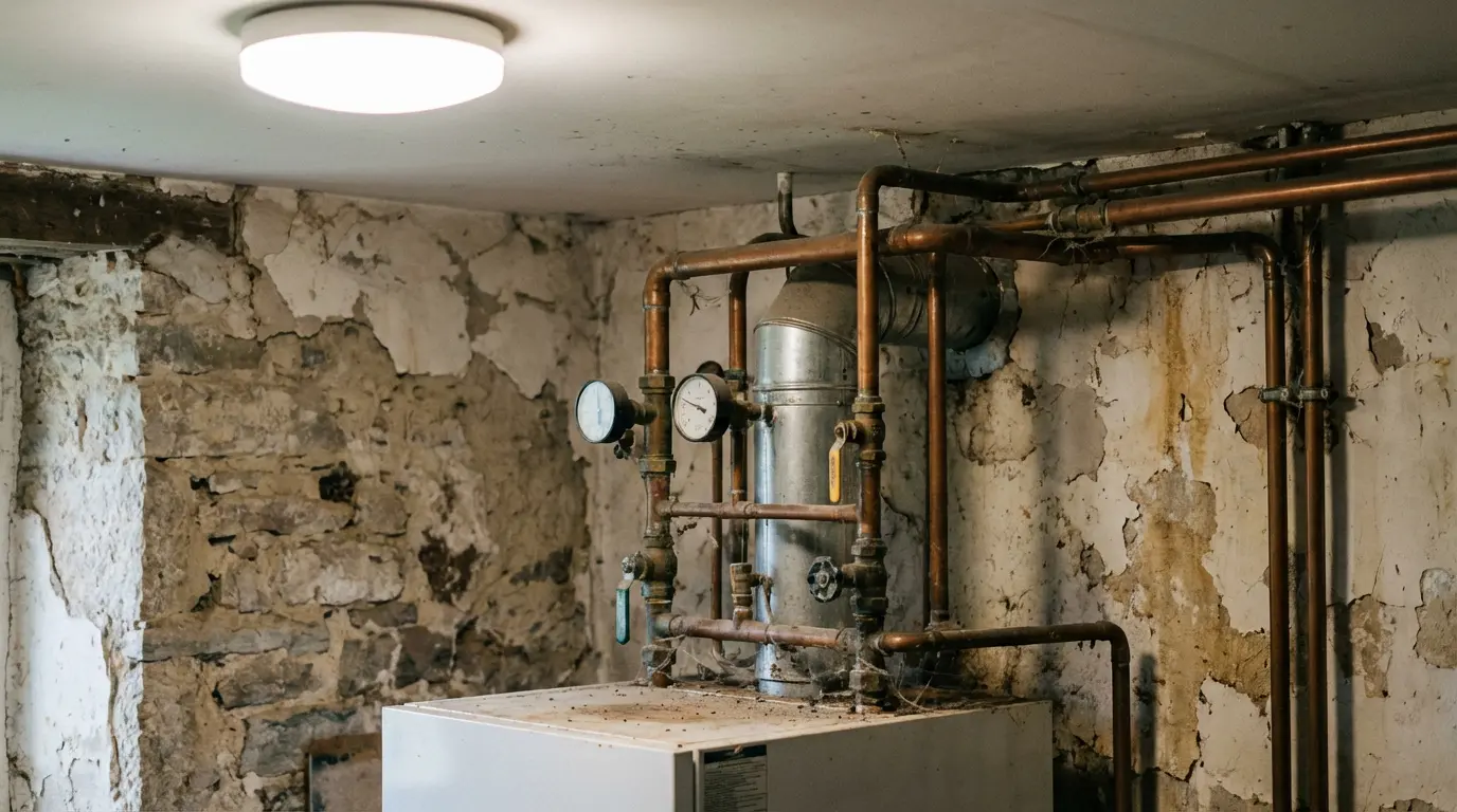 Vieille chaudière dans un cellier de maison française, équipement vétuste impactant l'estimation immobilière