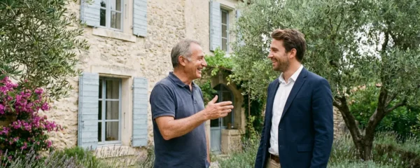Propriétaire et conseiller immobilier échangeant dans le jardin d'une maison provençale pour une estimation de valeur