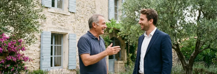 Propriétaire et conseiller immobilier échangeant dans le jardin d'une maison provençale pour une estimation de valeur
