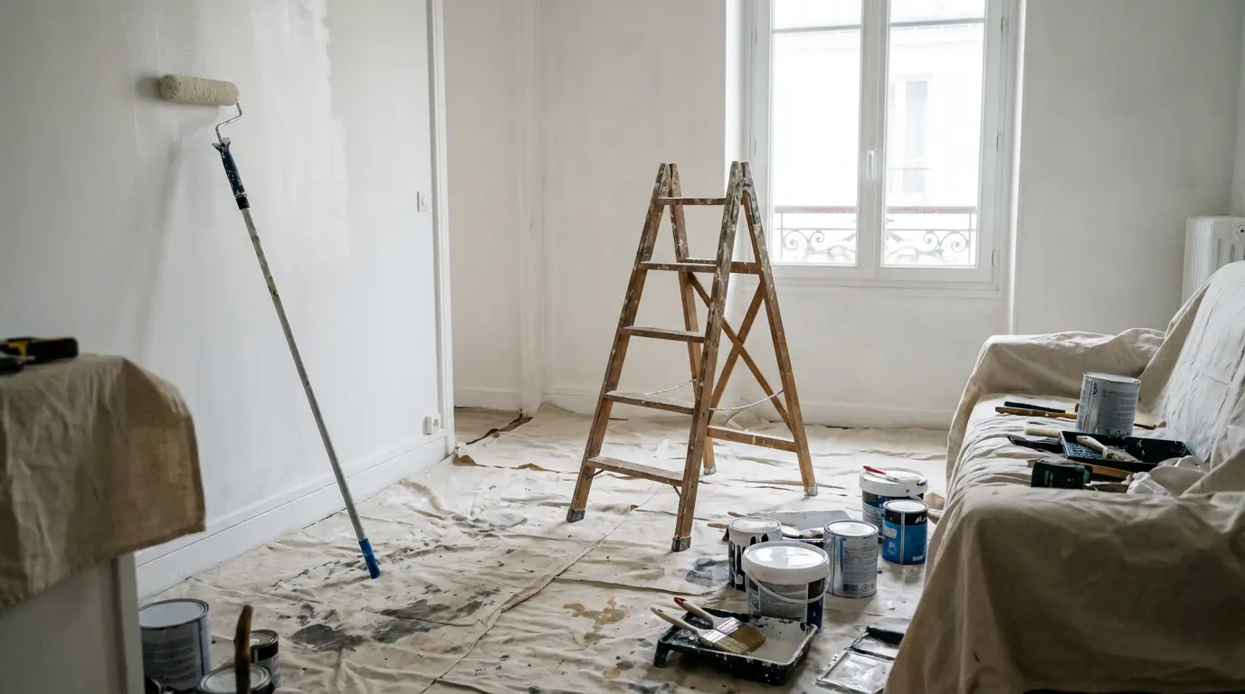 Travaux de rafraîchissement peinture en cours dans un salon, préparation vente immobilière