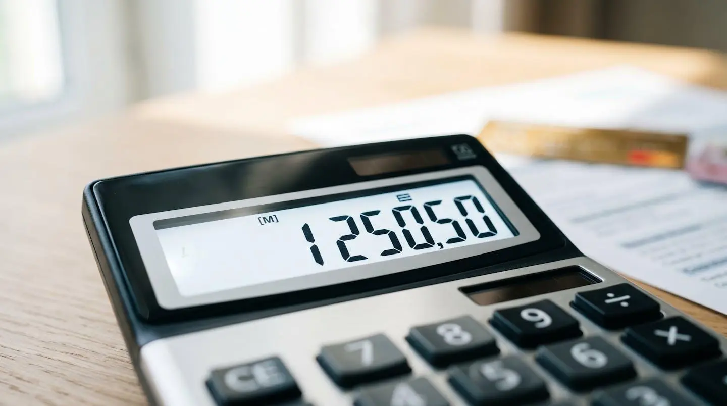 Extreme close-up sur une calculatrice moderne affichant des chiffres nets avec en arrière-plan très flouté des documents de simulation de crédit
