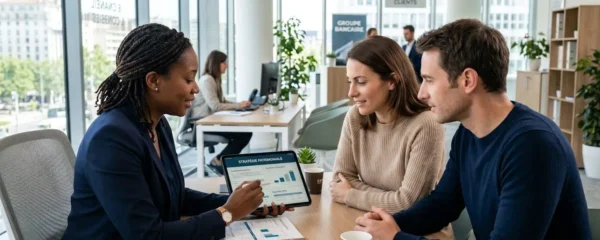 Un conseiller et un couple vus de trois-quarts regardent ensemble des documents bancaires sur une tablette, profils, lumière naturelle, bureau moderne