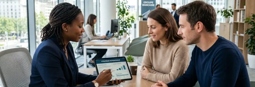 Un conseiller et un couple vus de trois-quarts regardent ensemble des documents bancaires sur une tablette, profils, lumière naturelle, bureau moderne
