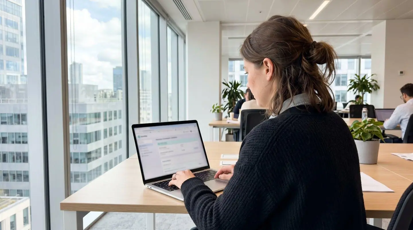 Medium shot de dos d'une personne travaillant sur un laptop dans un bureau contemporain lumineux, écran totalement flouté, posture concentrée